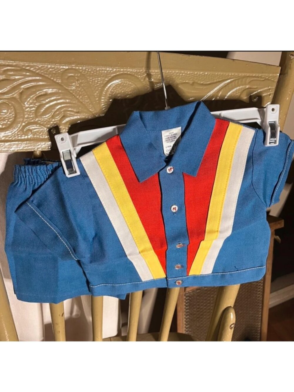 Vintage 1970s kids Two-Piece Outfit Blue Shirt & Shorts Set Retro Color Block 3t